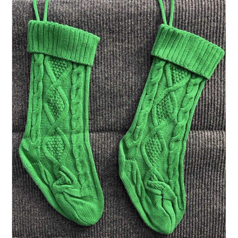 Pair of 2 Vintage Style Knit Green Christmas Stockings 16" Holiday Mantel Decor